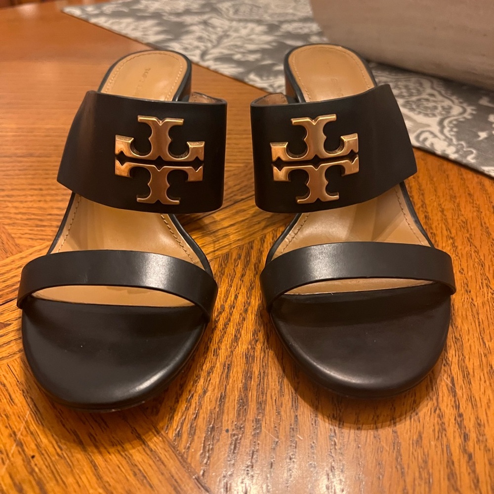 Tory Burch Black Sandals with Gold Logo and Block Heel